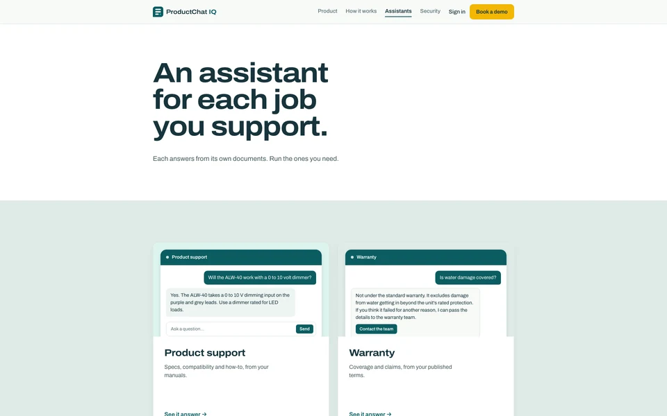 The ProductChat IQ assistants page explaining controlled assistants for different products and customer questions.