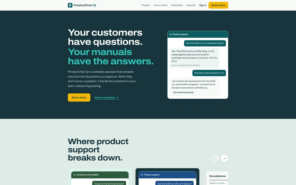 ProductChat IQ website showing its product knowledge assistant for customer questions.