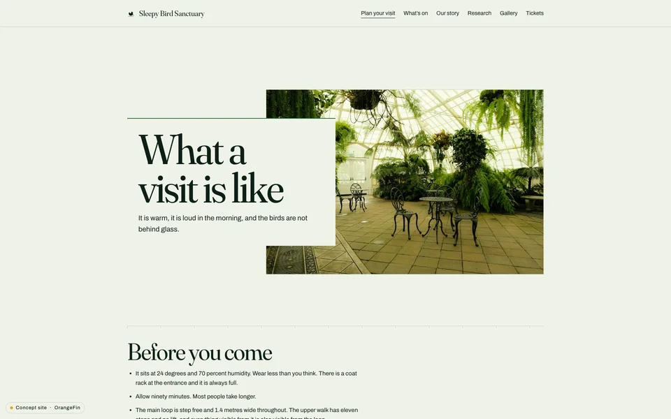 Sleepybird visitor information page carrying the brand into visit planning.
