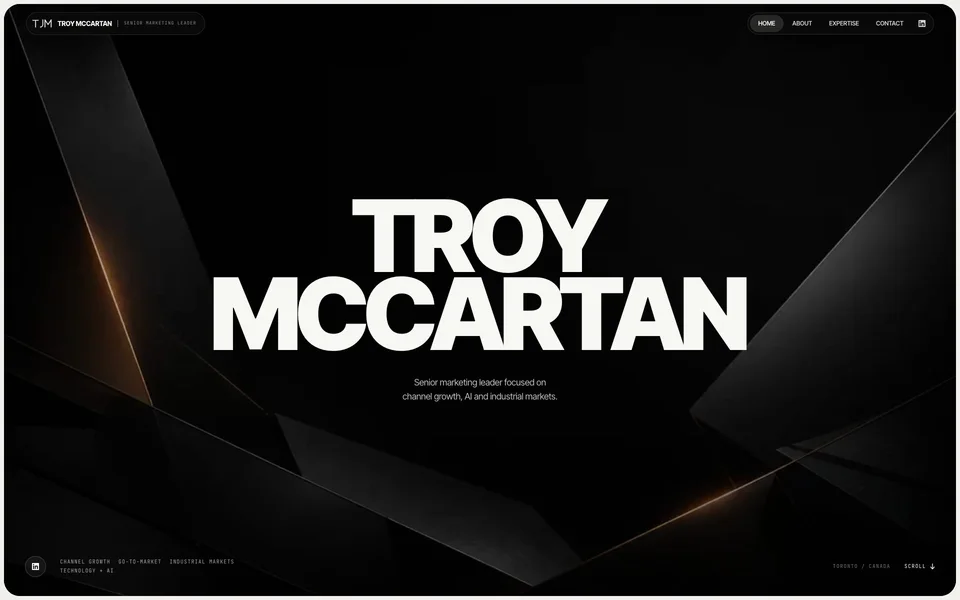 The current troymccartan.com home page, with monumental white name typography over a dark architectural moving image.